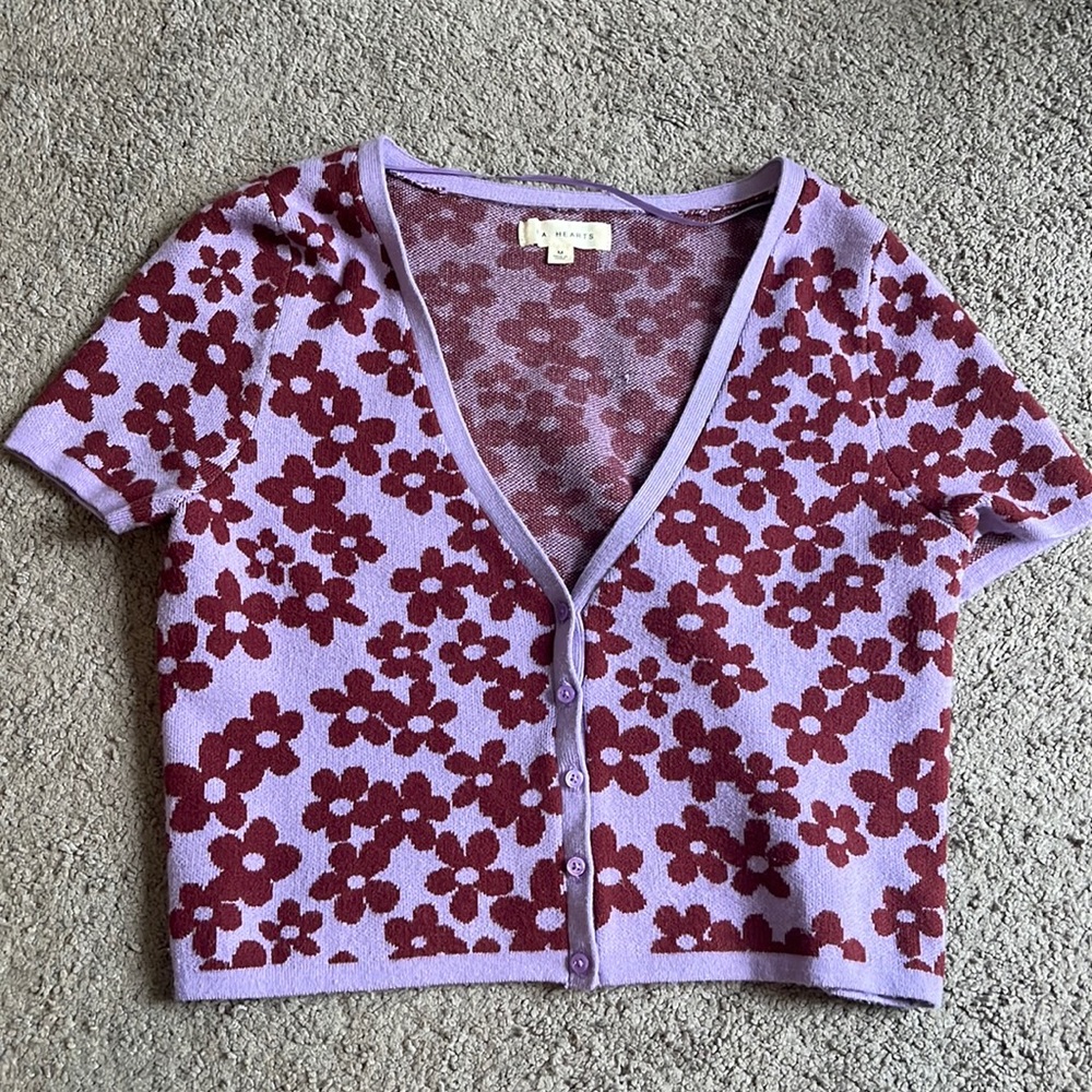 Pure floral short sleeve button-up sweater